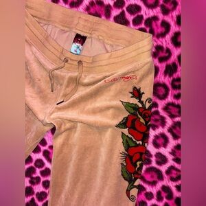 Y2K VINTAGE Ed Hardy Rose Velour Flare Pants XL